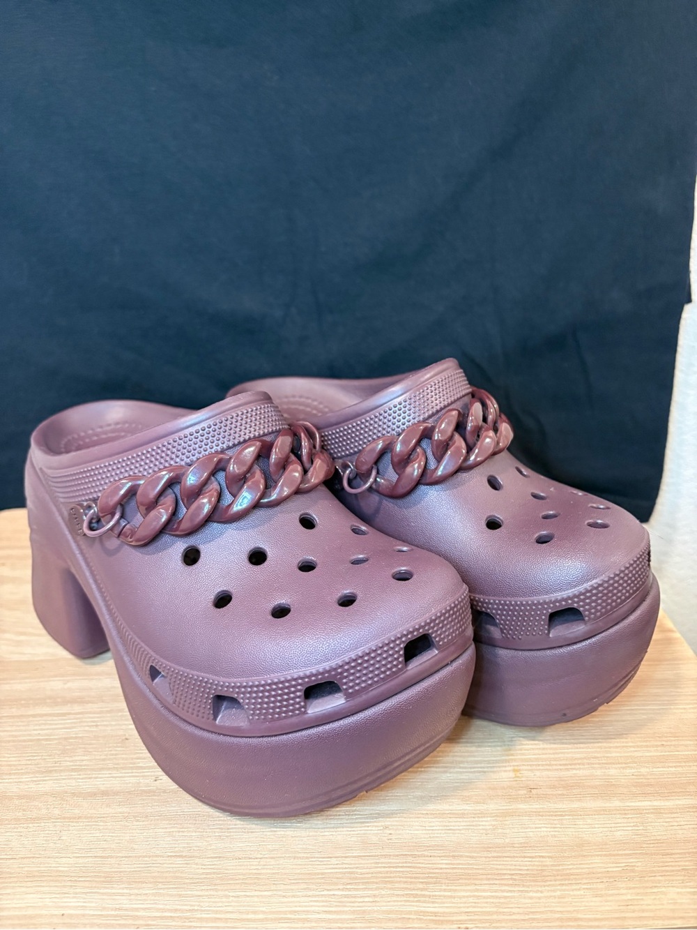 CROCS Platform Clog Mules in Plum with Chunky Chain